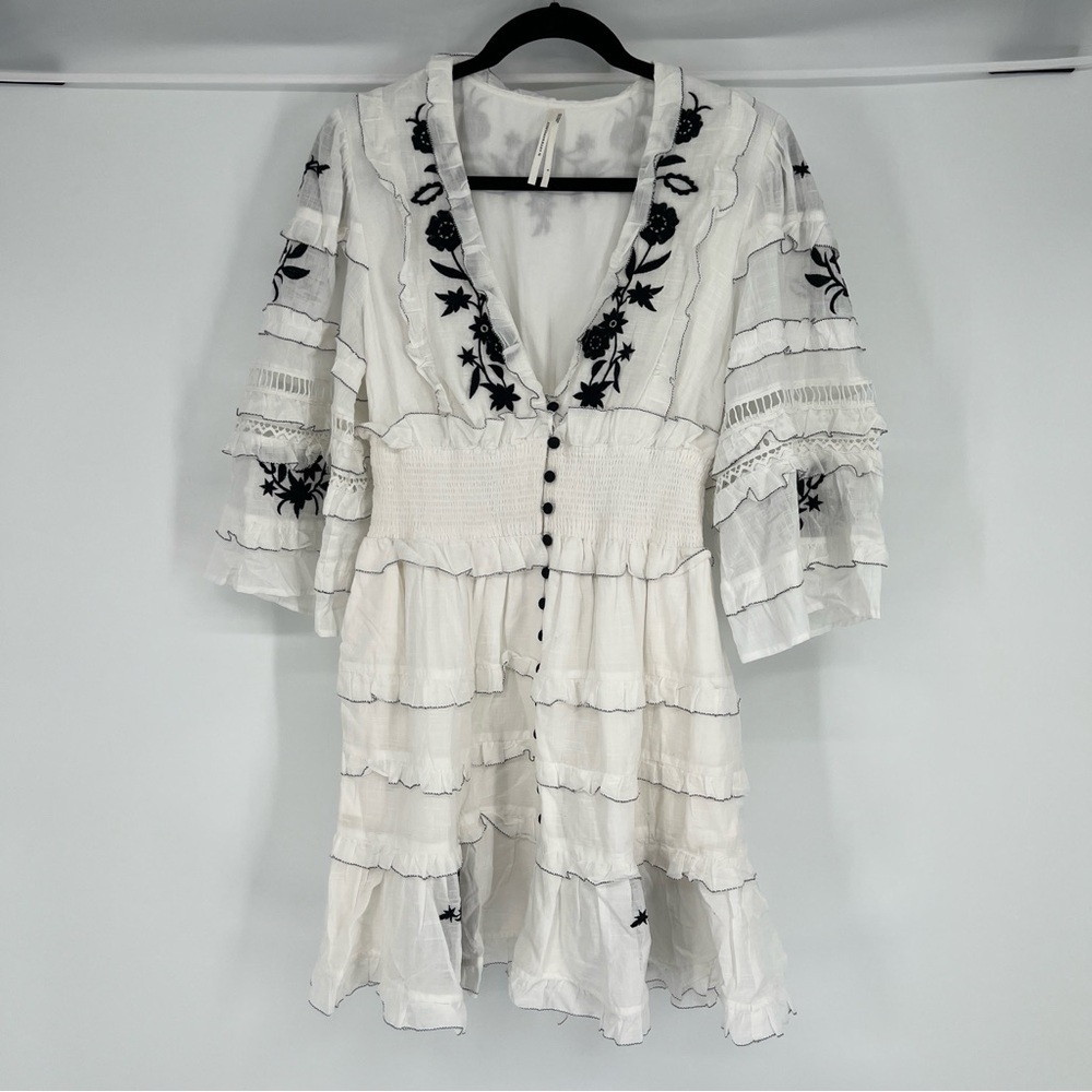 Anthropologie White Black Floral Lace Ruffled Button Down Bohemian Mini Dress S